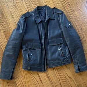 Men's Black Military-Style Leather Field Jacket